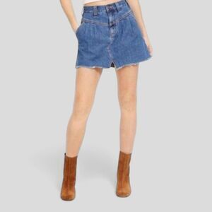 Free People Western Yoked Denim Skirt Sidecar Mini in Saratoga Blue Sz 29‎